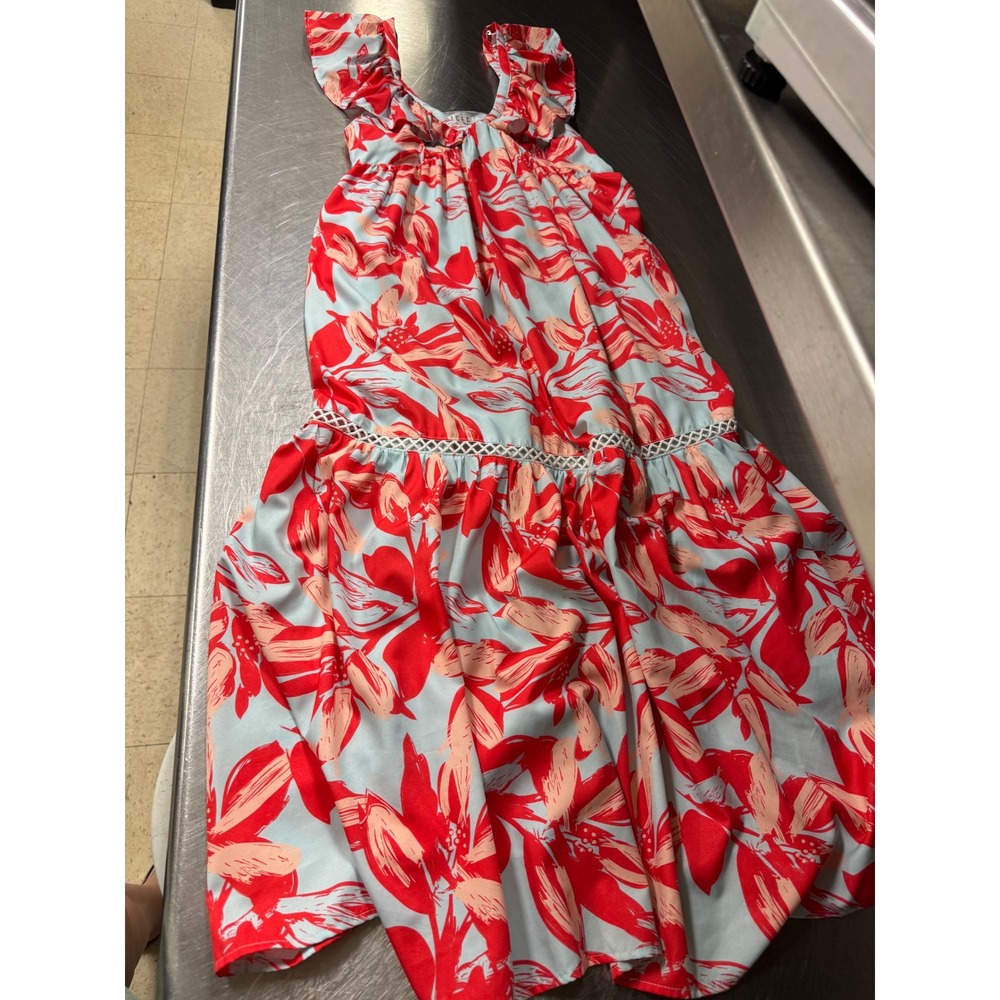 TCEC Red Blue Floral Ruffle Maxi Dress Tiered Lace Trim CD03976 Womens Large